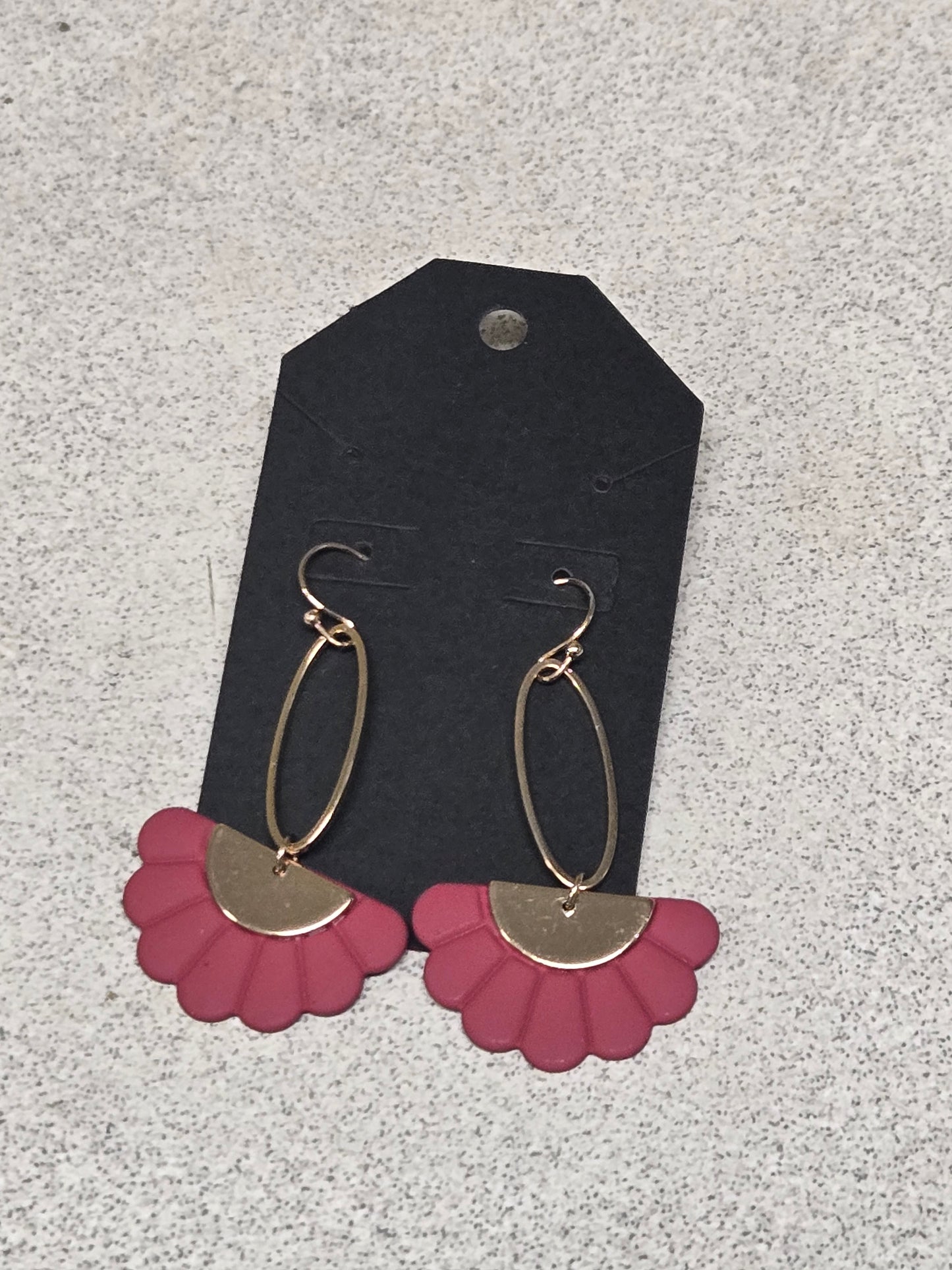 Modern Art Deco Crimson Scalloped Fan Drop Earrings