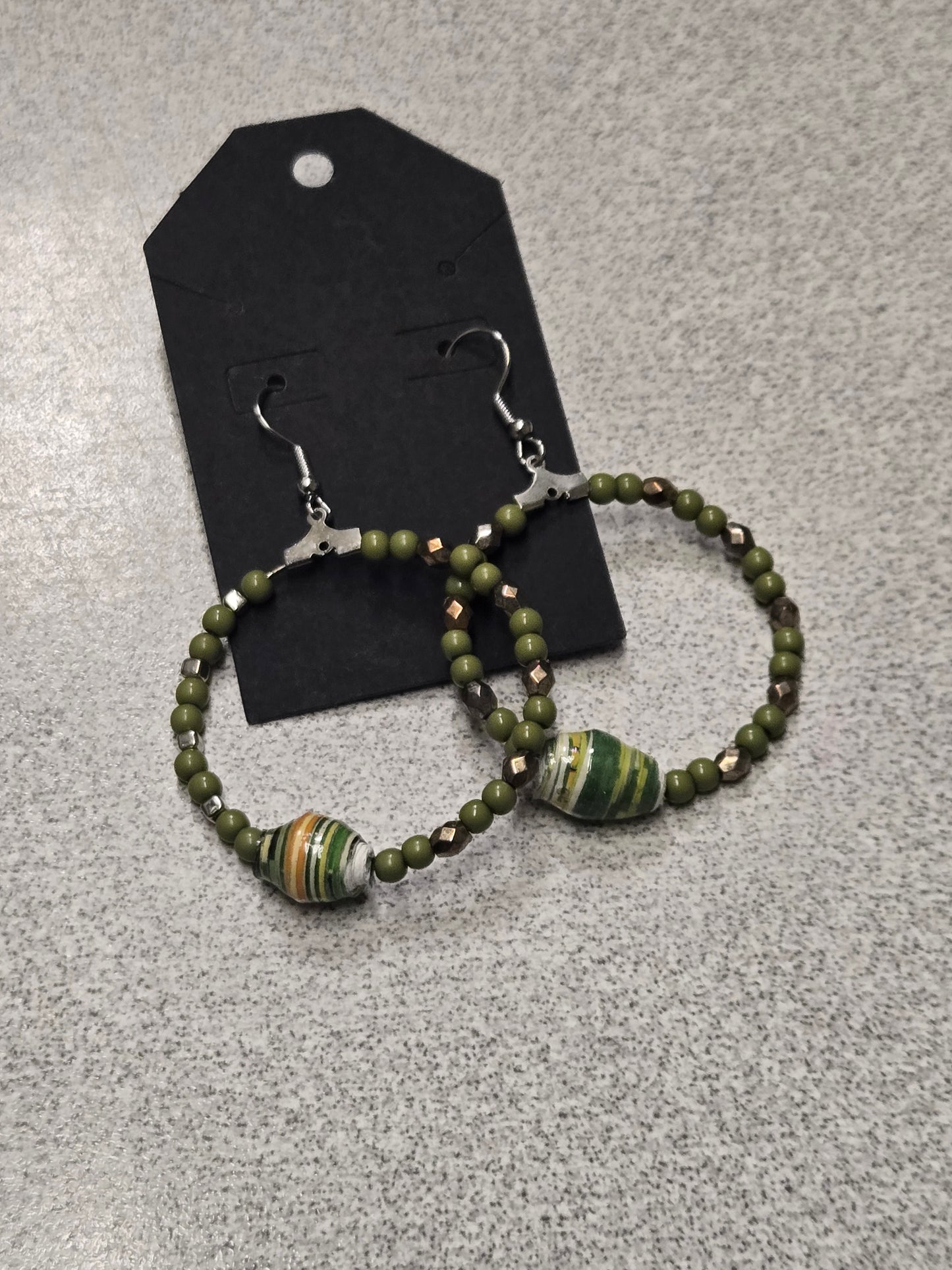 Earthy Olive Paper Bead C-Hoop Earrings