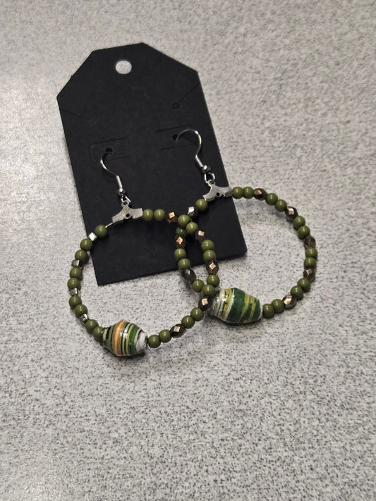 Earthy Olive Paper Bead C-Hoop Earrings